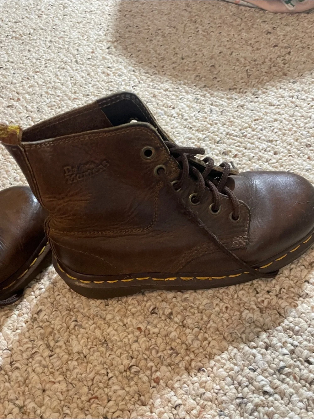 Dr. Martens Brown Leather Lace-Up Combat Boots with Yellow Stitching